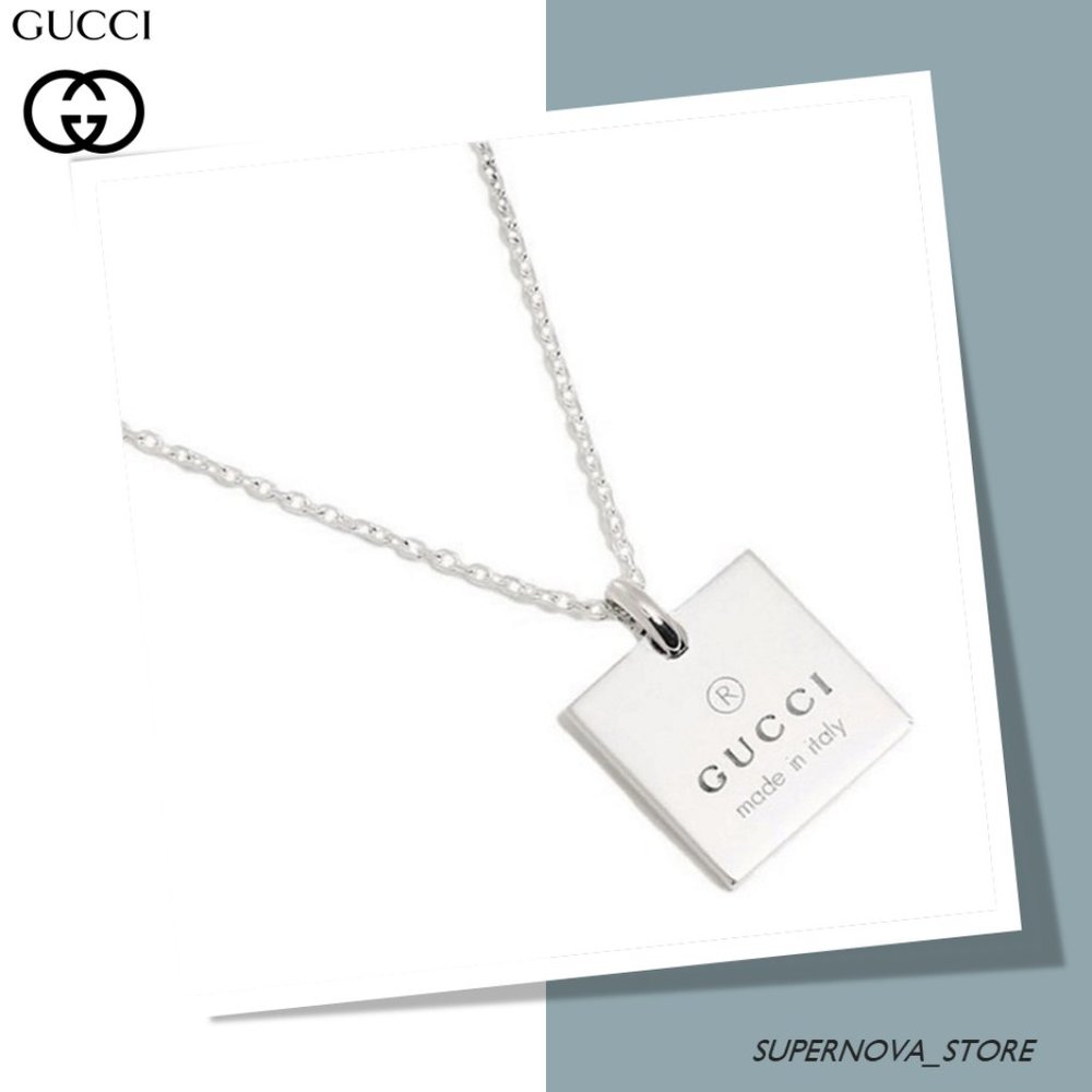 GUCCI Large Square Pendant Necklace Signature Trademark Logo Silver $450 New box